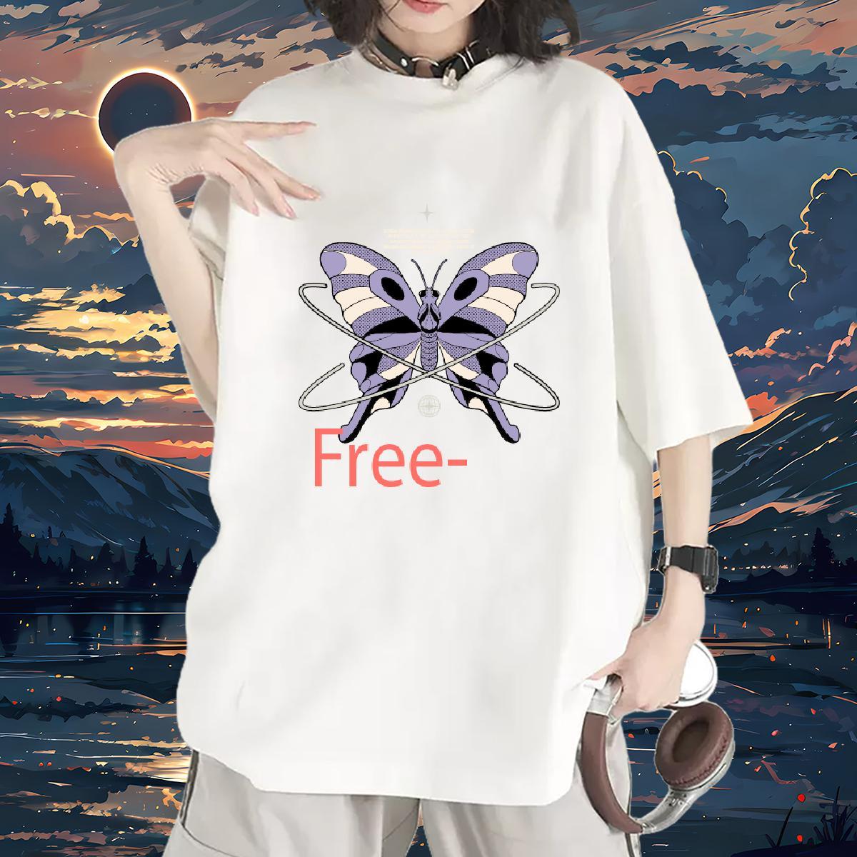 Loose fit Couples T Shirts 230g Pure Cotton butterfly Casual Beach T-Shirts for Women Comfortable DIY Anime Printed Tops Shirt