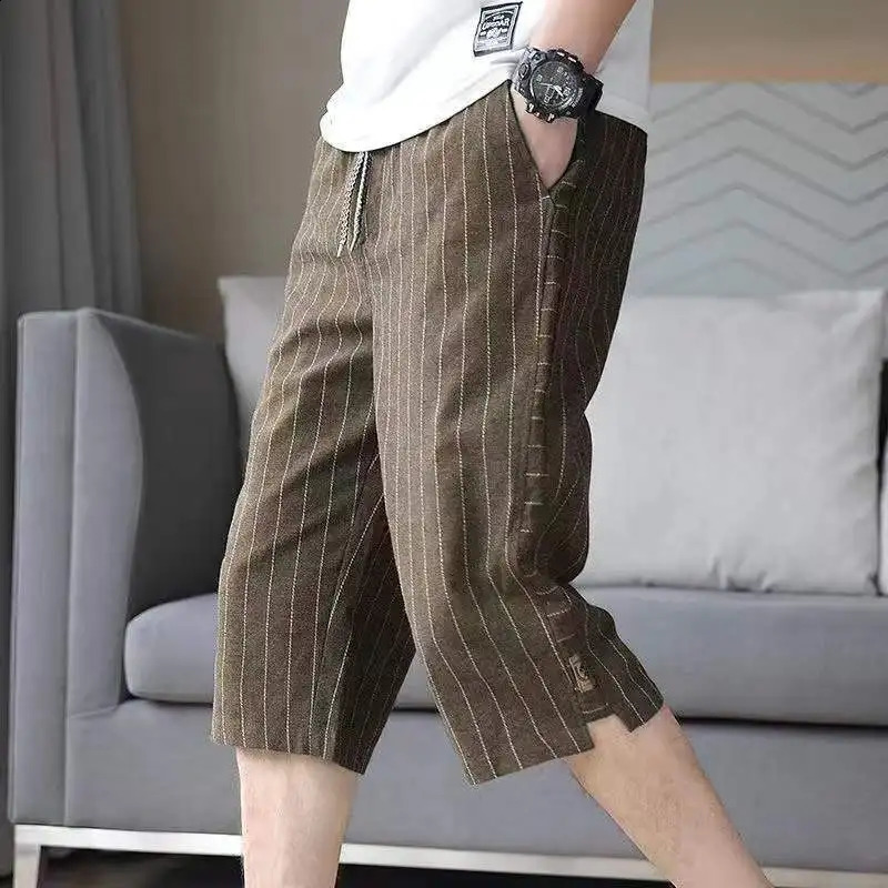 Summer Mens Cotton Linen Cropped Pants Fashion Casual Loose Wide Leg Straight Trouser Vintage Calf-Length Shorts Streetwear 240822