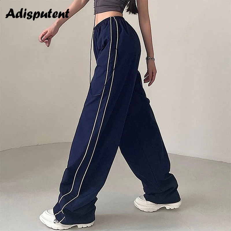 Stripe Patchwork Women Cargo Pants American Style Fashion Streetwear Loose Wide Leg Pants Y2K Female Hip Hop Sweatpants 240821