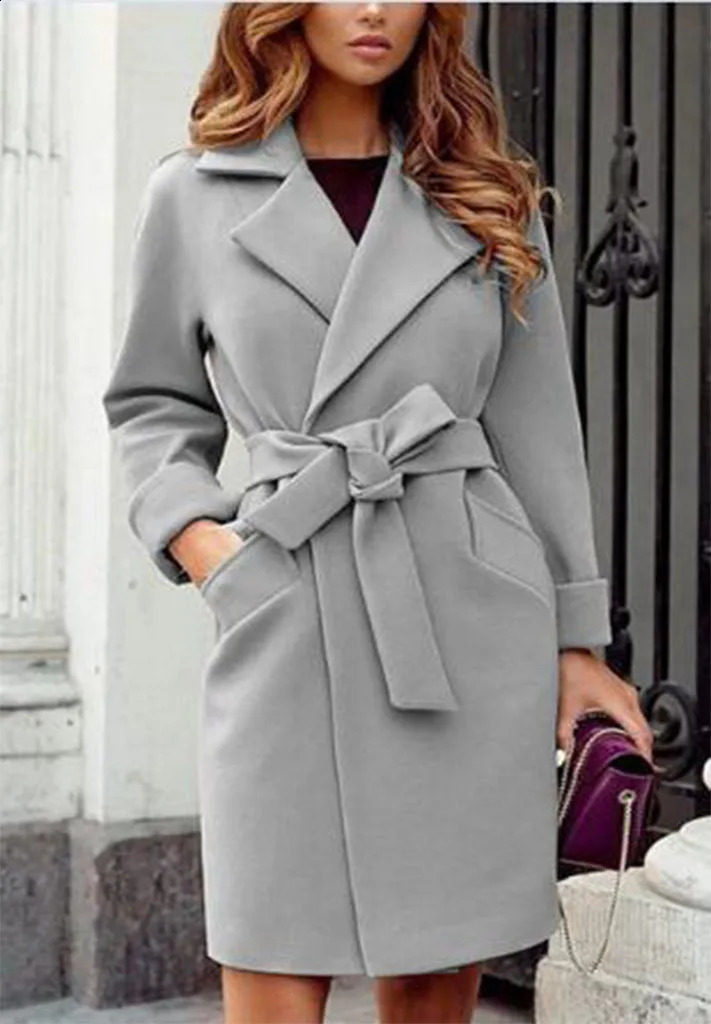 Autumn and Winter Womens Fashionable Slim Fit Temperament Woolen Coat Suit Collar Belt Slim Tie Long-sleeved Woolen Coat 240822