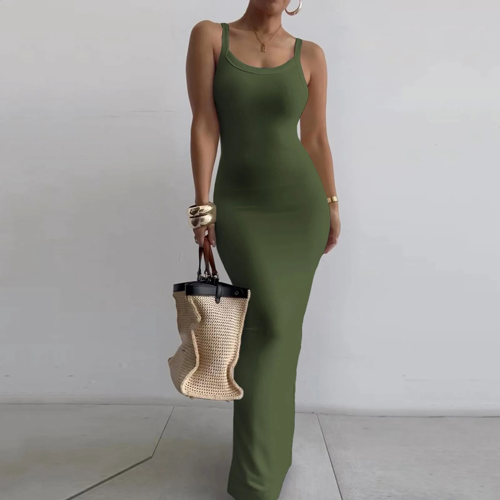 Womens Bodycon Maxi Dress Summer Sleeveless Long Dress For Beach Holiday Vacation Robes Femmes Solid Color Slim Fit Dresses 240822