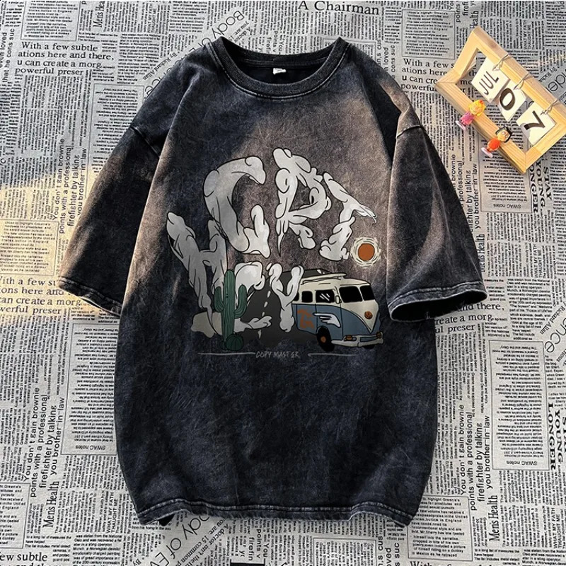 Cartoon graphic wash Tshirt mens oversized Oneck hiphop street short sleeved college couple y2k top 240822