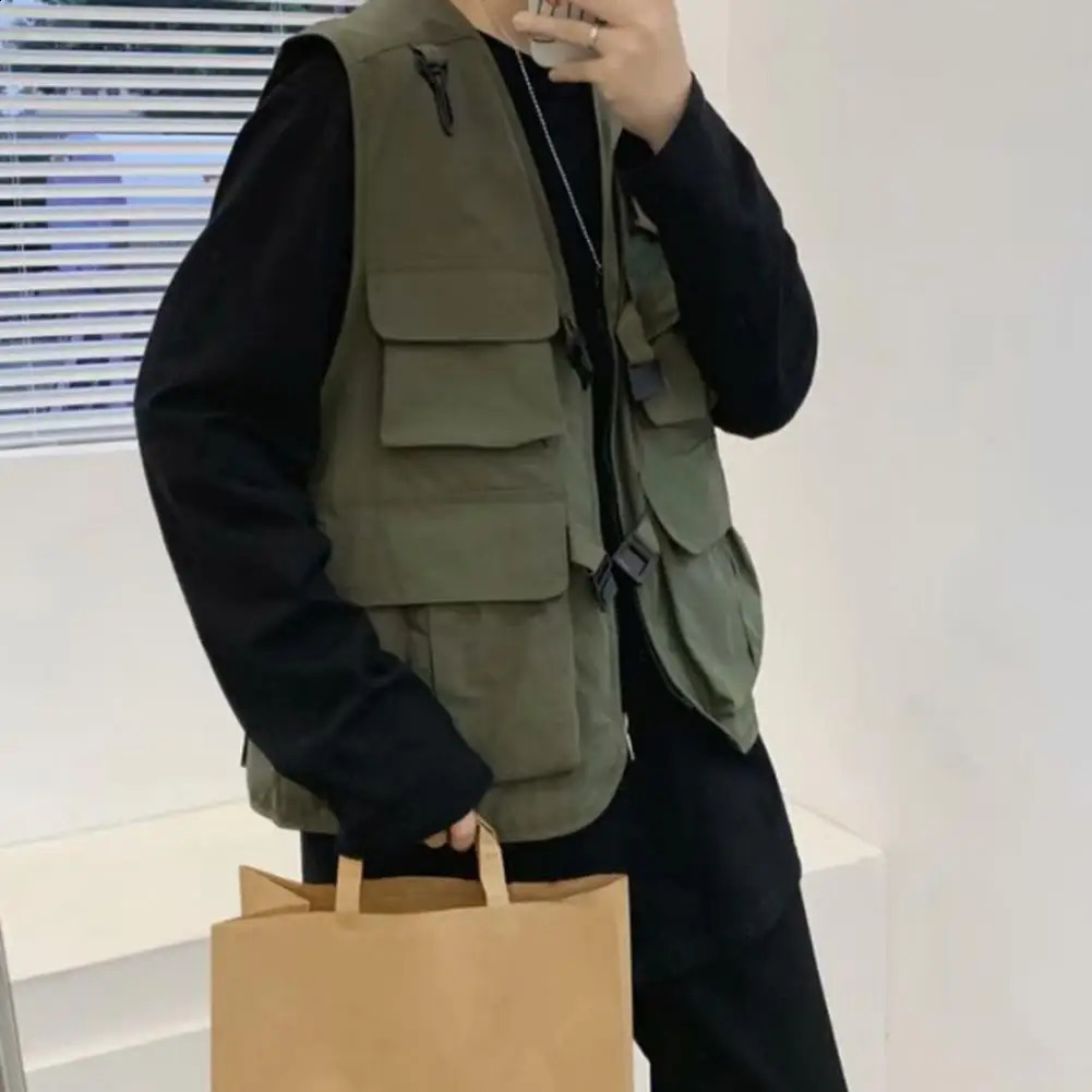 Zipper Clre Vest Men Coat Mens Casual Vneck Sleeveless Cargo with Multi Pockets Buckle Placket for 240822