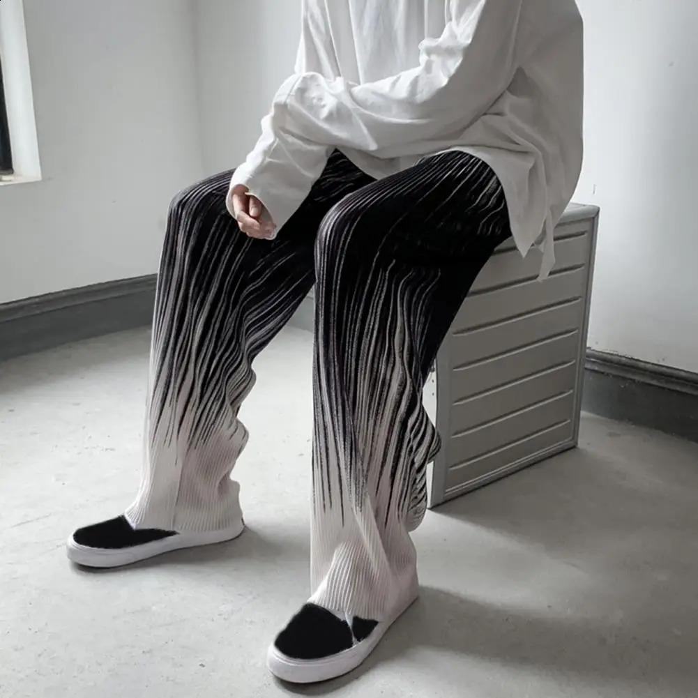 Vintage Gradient Color Wide Leg Pants Men Summer Thin Pleated Straight Trousers High Waist Elastic Streetwear Women Pants 240822
