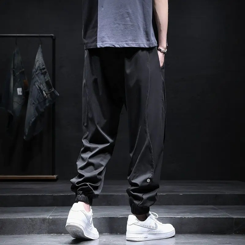 Summer Trend Mens Spliced Button Loose Casual Simplicity Solid Color Korean Version Commute Youth Harem Cargo Ninth Pants 240822