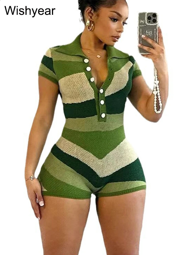 Elegant Knitted Patchwork Bodycon One Piece Rompers Women Lapel Short Sleeve Green Playsuits Sexy Night Club Birthday Overalls 240822