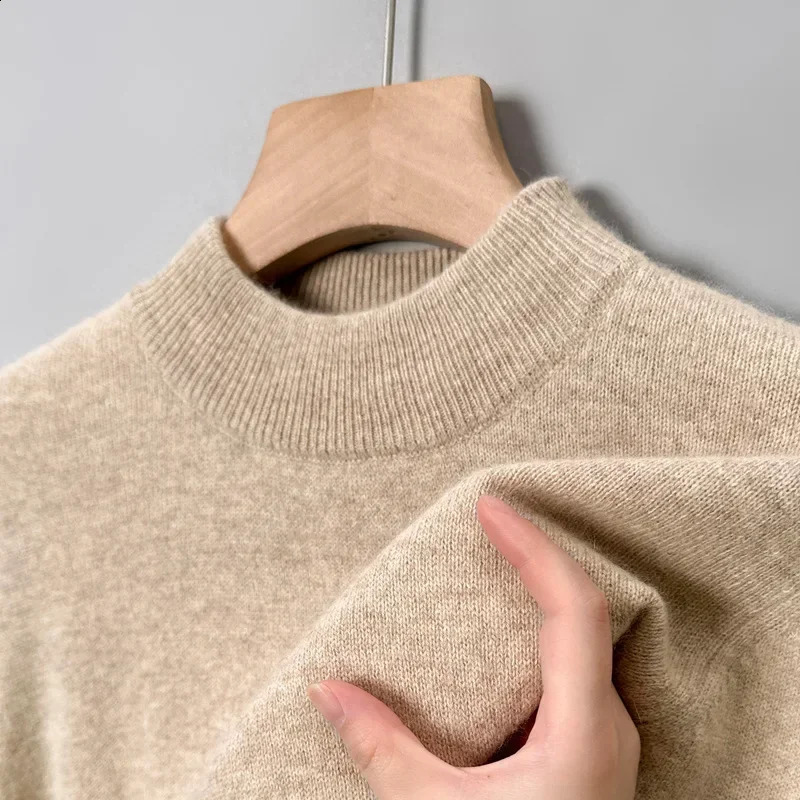 Mens Mock Neck 100% Pure Woolen Sweaters Autumn Winter Warm Cashmere Sweater Solid Knitted Pullovers for Men Slim Knitwear Tops 240821