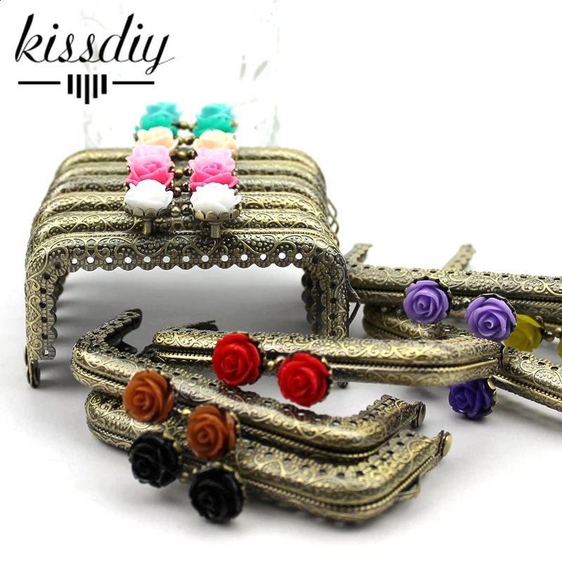 KISSDIY 10 pieces 8.5CM rose head pattern wallet frame antique bronze square bag kiss buckle lace metal DIY bag accessories 240821