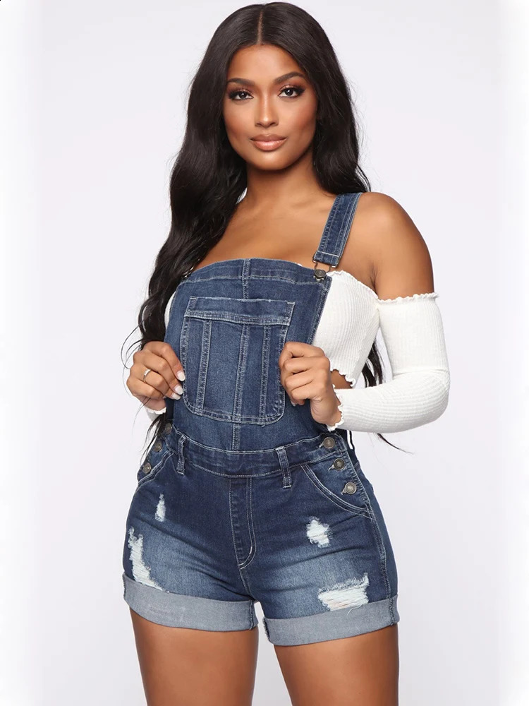 Summer Women Shorts Overalls Ripped Jeans Lady Sexy Stretch Rompers Denim Pants Lady Cross Strap Jumpsuit Casual Bodysuits 240821