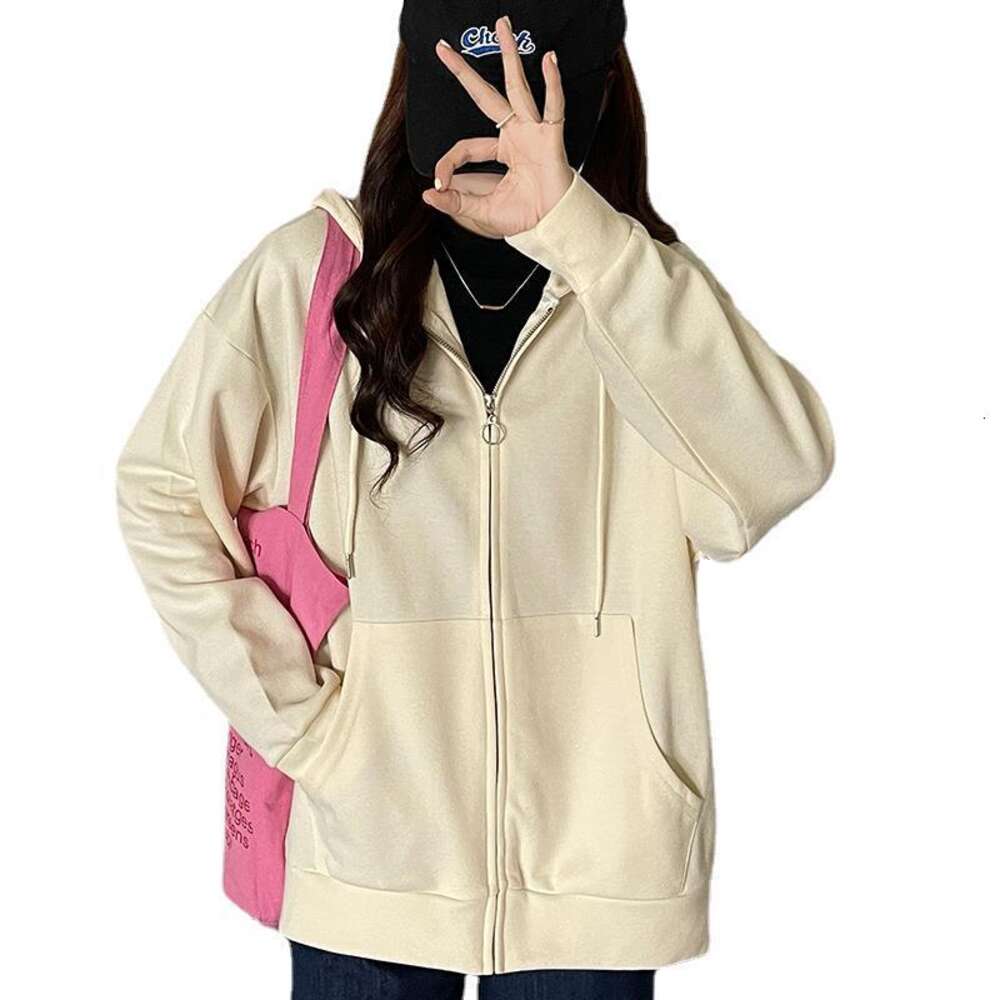 Spring and Autumn Korean edition solid color zipper cardigan casual jacket long sleeved sweatshirt women's BF style loose hooded top trendy dongd