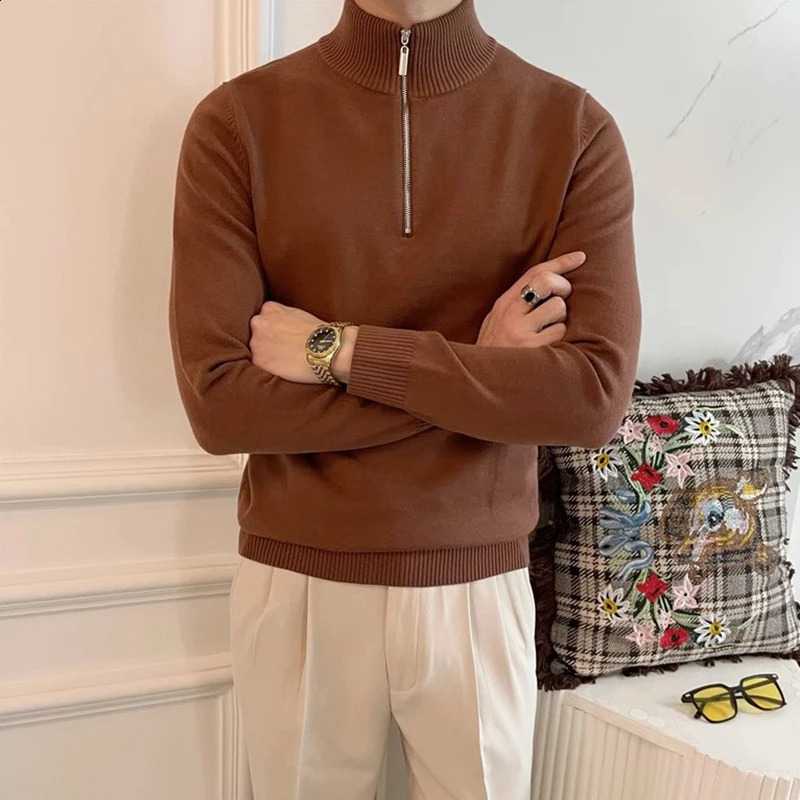 autumn fashion standing collar sweater mens long sleeved zipper ultrathin jumping top winter casual solid color 240821
