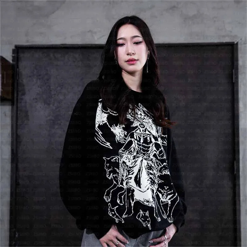 Street clothing sweater Y2K Harajuku dark cartoon hiphop graphic oversized mens Gothic jumping pulley 240821