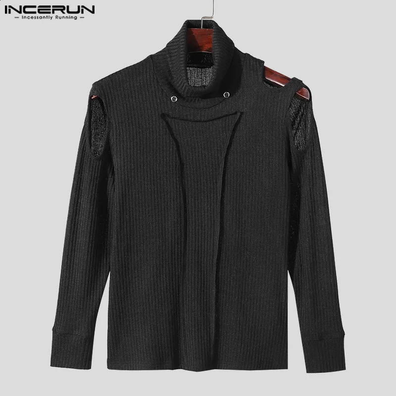 INCERUN Mens Sweater Solid Color Knitted Hollow Turtle Neck Long Sleeve Floral Street Clothing Fashion Casual 240821