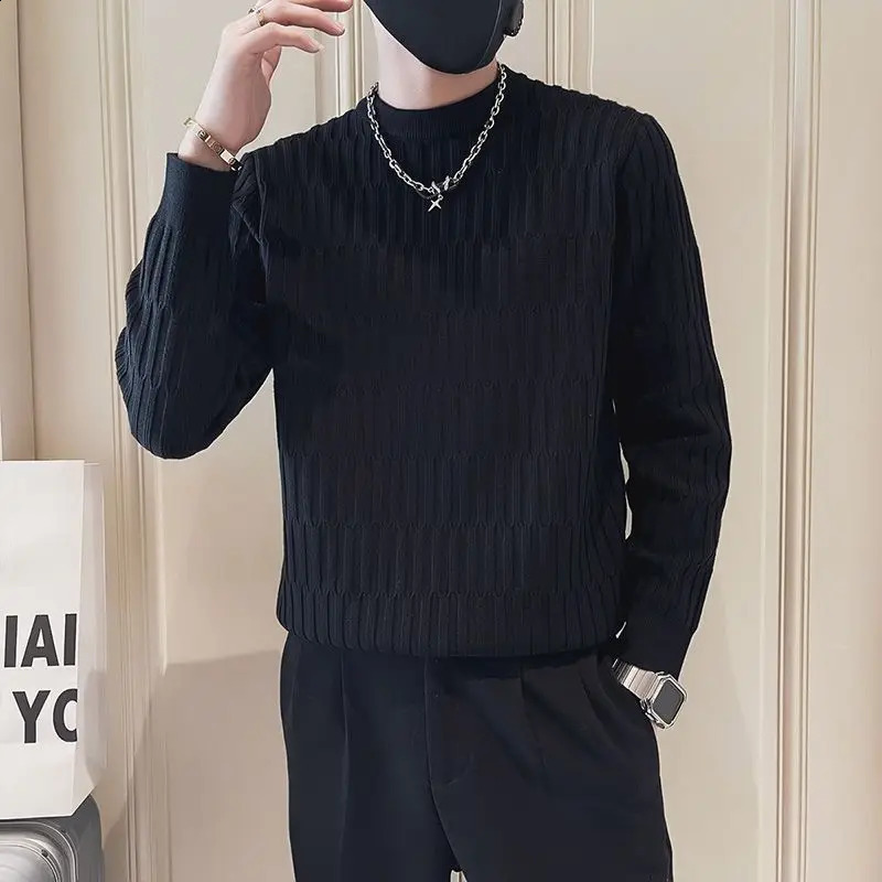 Korean Fashion Autumn Winter Sweaters Mens Mock Neck Solid Jacquard Weave High Street Casual Long Sleeve Knitted Pullovers Tops 240821