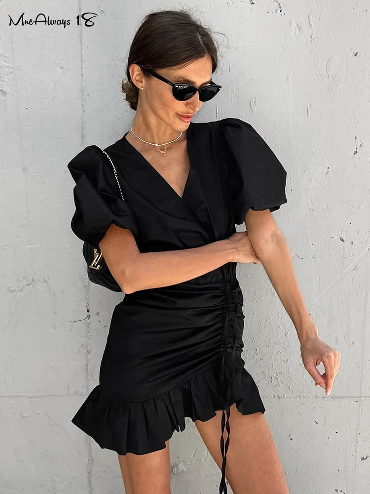 Mnealways18 Black Drawstring Elegant Mini Dress Womens Puff Sleeves Ruffled V-Neck Office Ladies Dress Summer High Waisted 240822