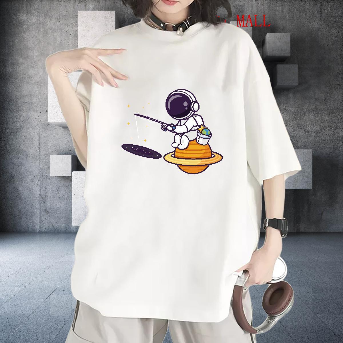 Loose Women Tshirts 100% Cotton 230g cosmonaut Sports Casual T shirt Comfortable Anime Clothes