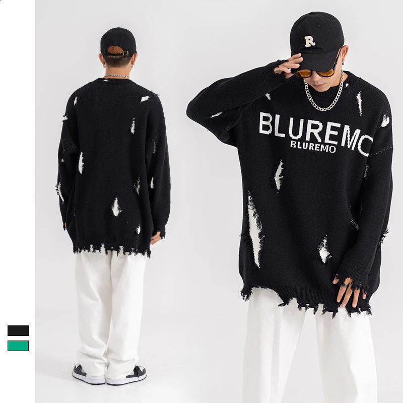 Hip Hop Tassel Hole Knitted Sweater Men Punk Rock Oversized Letter Print Pullover Thick Sweater Cotton Loose Sweater Unisex 240821