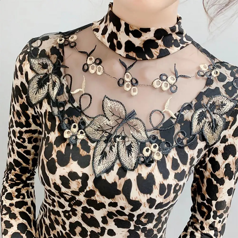 Spring and autumn sexy lace womens shirt long sleeved leopard print leaf embroidery transparent basic casual clothing 240822