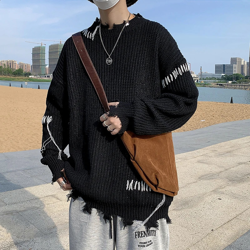 Men Autumn Winter Long Sleeve Sweater Top Mens Fringe Tassel Warm Knitted Tops Male Ripped Loose Pullovers S176 240821