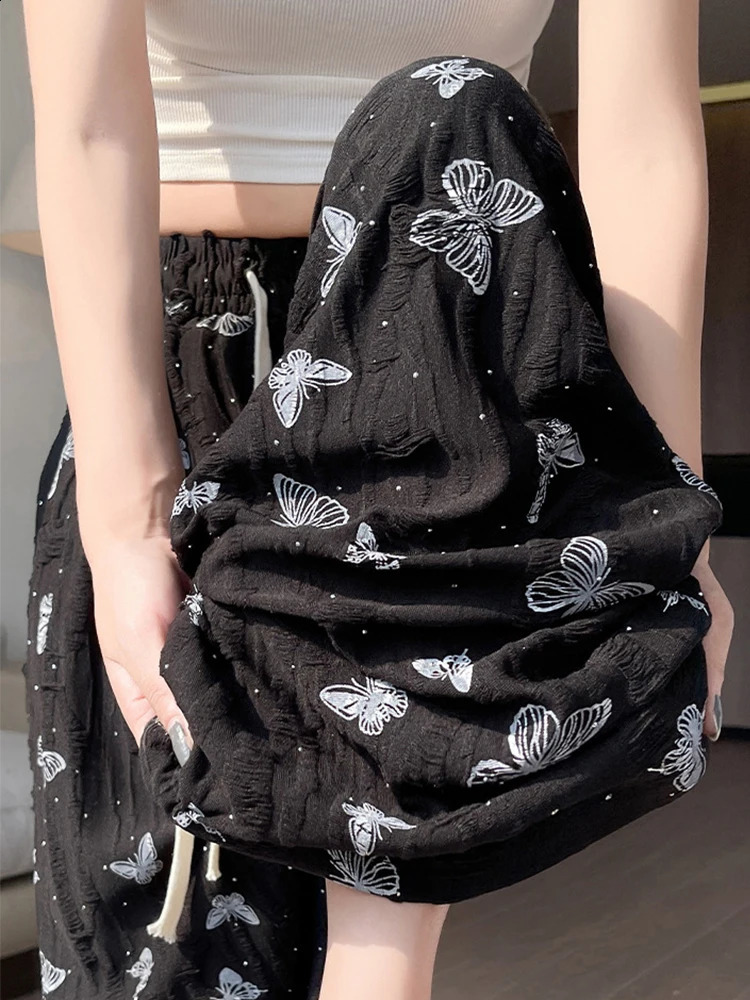 HOUZHOU Y2K Harajuku Butterfly Wide Leg Pants for Women Hole Streetwear High Waist Straight Trousers Female Rhinestone Summer 240821