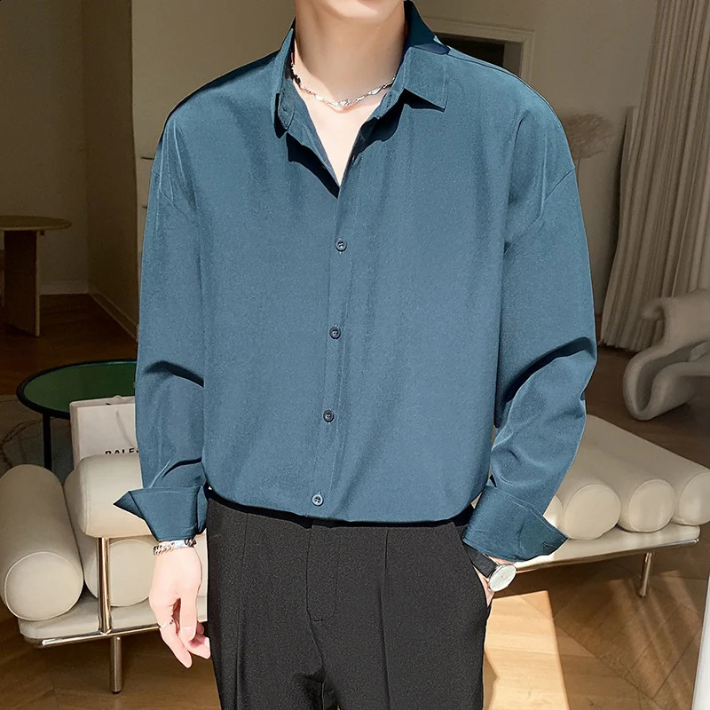 Autumn Mens Long Sleeve Shirts Fashion Korean Baggy No-iron Business Casual Elasticity Lapel Collar Shirt White Light Blue 240822