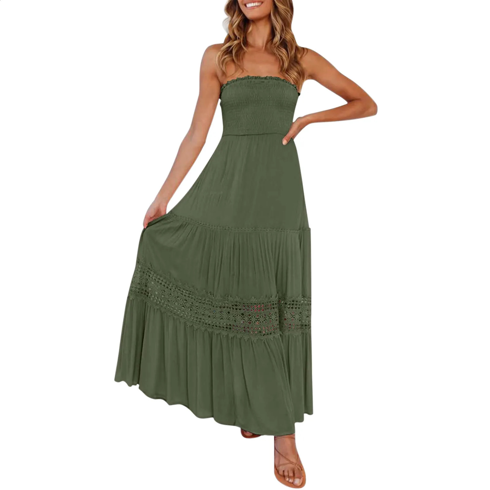 Womens Boho Wrap Dresses Ladies Summer Bohemian Strapless Off Shoulder Lace Trim Backless Flowy A Line Beach Long Maxi Dress 240822