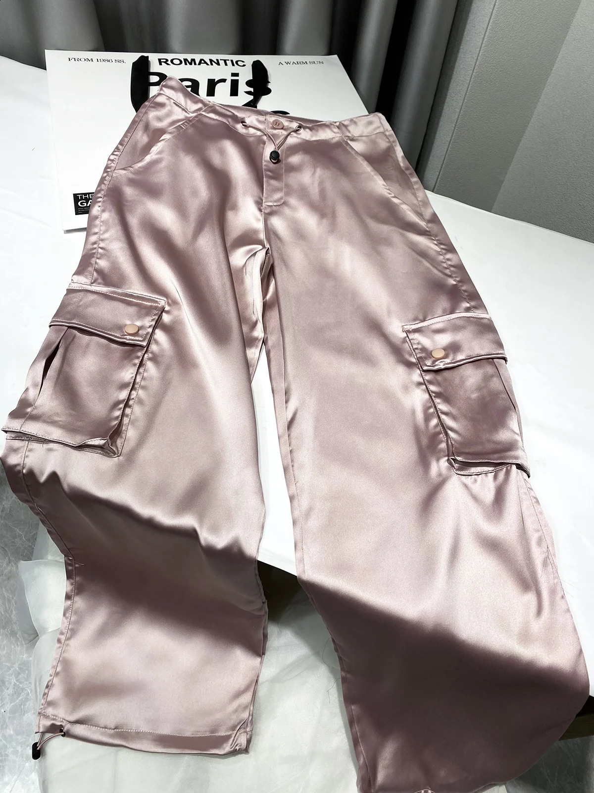 Silk Pink Drawstring Satin Baggy Cargo Pants Women Summer Solid Black Beige Gray Wide Leg Trousers Streetwear Vintage Bottoms 240822