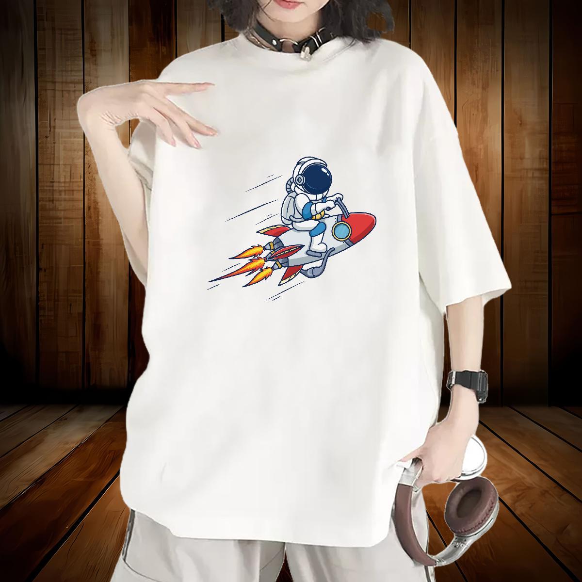 Brand Couples T Shirts 230g Pure Cotton cosmonaut Street T-Shirts for Women Breathable Short Sleeve Cartoon Printing L-4XL Clothes Shirt