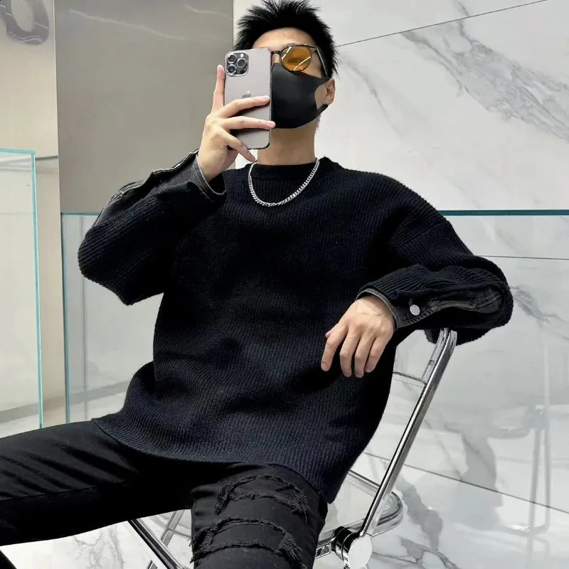 autumn and winter mens floral round neck patch work solid color loose fashion casual elegant commuting long sleeved sweater 240821