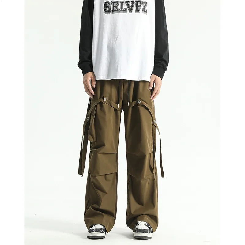 Autumn Mens Baggy Pants Ribbons Pockets Knee Pleated Loose Long Straight Hip Hop Trousers Male Oversized Cargo Pants 240822