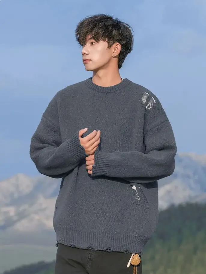 Retro Hollow Out Round Collar Pullover Sweater Mens Autumn Winter Velvet Loose Solid Color Knit Sweater Irregular Warm 240821