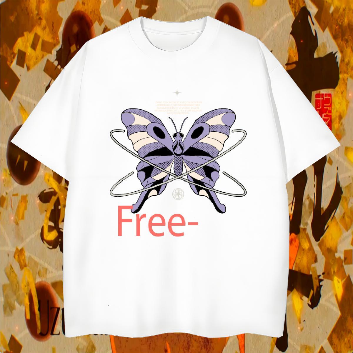 Cool Couples T Shirts Summer Casual 230g Cotton Anime Print O-Neck Short Sleeve butterfly Mens T Shirts Casual New Tshirts