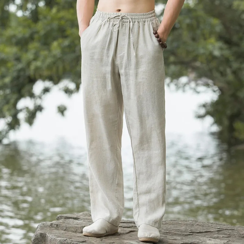 Men Wide Leg Cotton Linen Pants Summer Male Elastic Waist Pocket Loose Solid Full Trousers ZJFS-3278 240822