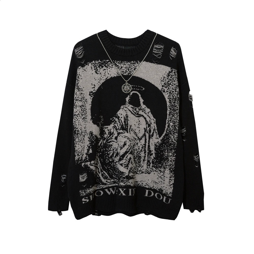 Wearing a necklace with torn oversized sweater knitted black gothic mens style Y2K Grunge womens retro Harajuku top pulled out 240821