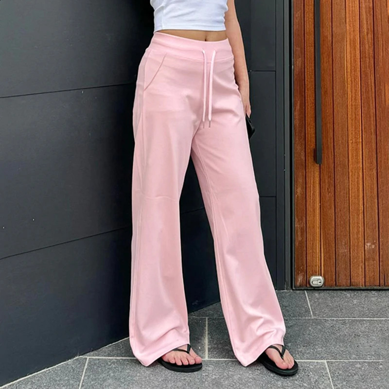 IAMTY Y2K Drawstring Waist Pants Pink Sweet Baggy Straight Leg Trousers Cute Casual Basic Sweatpants Jogging Streetwear 240821
