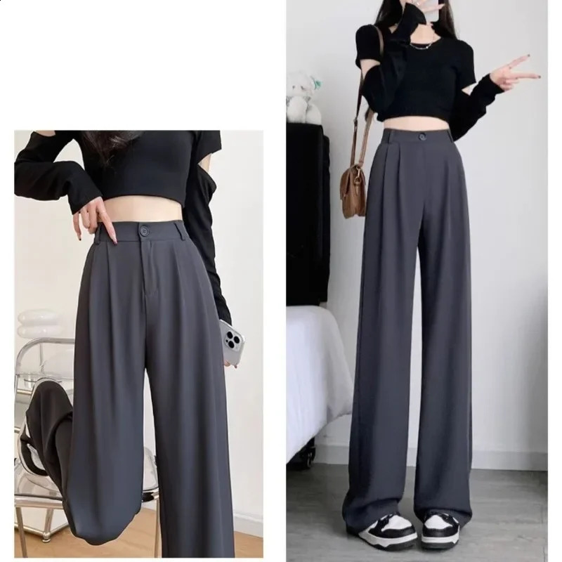 Womens Suit Pants Summer Spring Elegant Elastic High Waist Solid Casual Work Wide Leg Trouses Pants Female 240821
