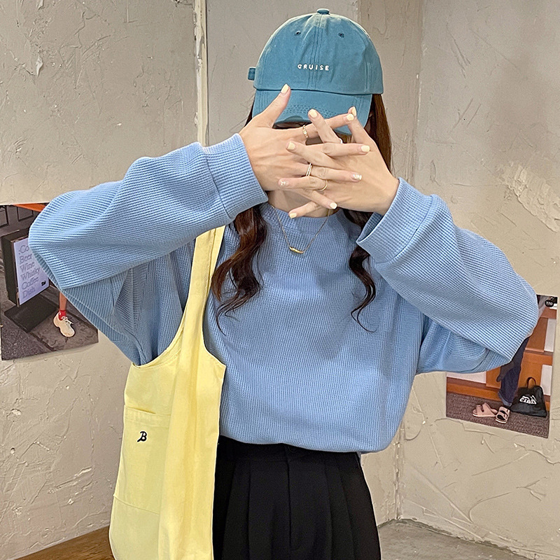 Spring and Autumn New Solid Color Fashion Long Sleeve Round Neck Hoodie for Female Students BF Style Loose Medium Length Top dongdumaoyi