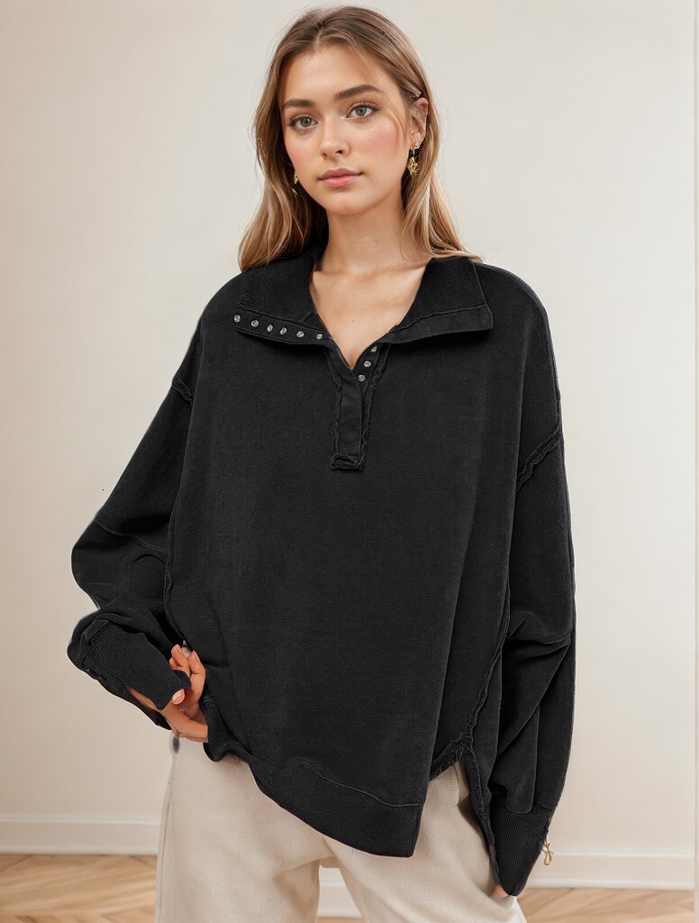 Decorative Line Design Sense Top Split Lantern Sleeve Polo Neck Sweater Coat Women's Spring and Autumn dongdumaoyi
