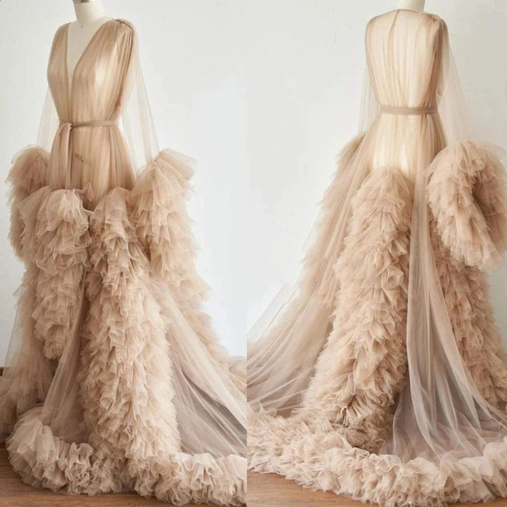 Womens Dressing Gown Perspective Sheer Long Tulle Robe Puffy Pregnancy Maternity Dress for Baby Shower Nightgown Sleepwear 240822