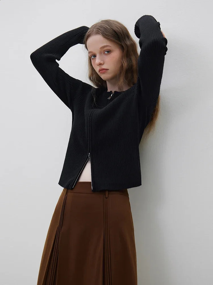 FSLE wool knitted cardigan womens autumn and winter retro round neck sweater jacket office casual loose 240821