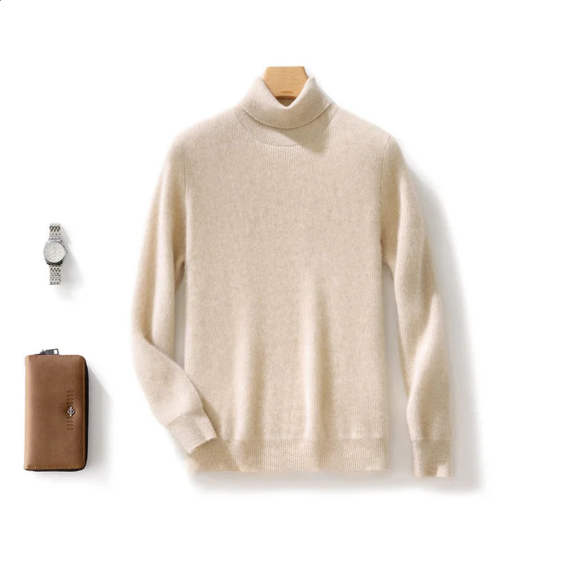 Autumn and winter 100% pure wool mens turtle neck solid color plus size cashmere sweater fashionable bottom 240821