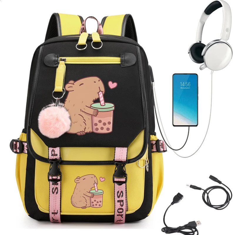Youth Backpack Kawaii Capybara Bpba Tea School Girls Childrens Usb Rechargeable 240822