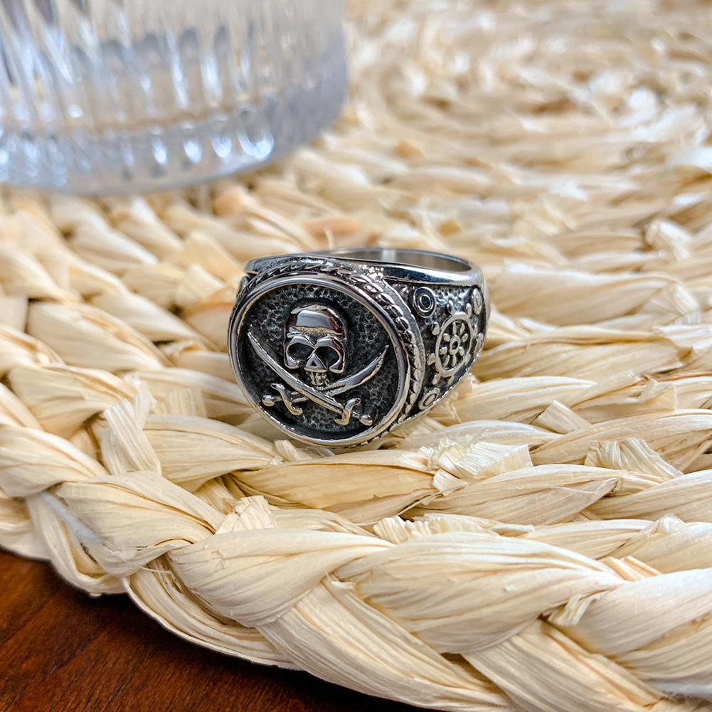 Vintage Skull Cross Casting Ring Titanium Steel Skeleton Seal Rings Mens Jewelry