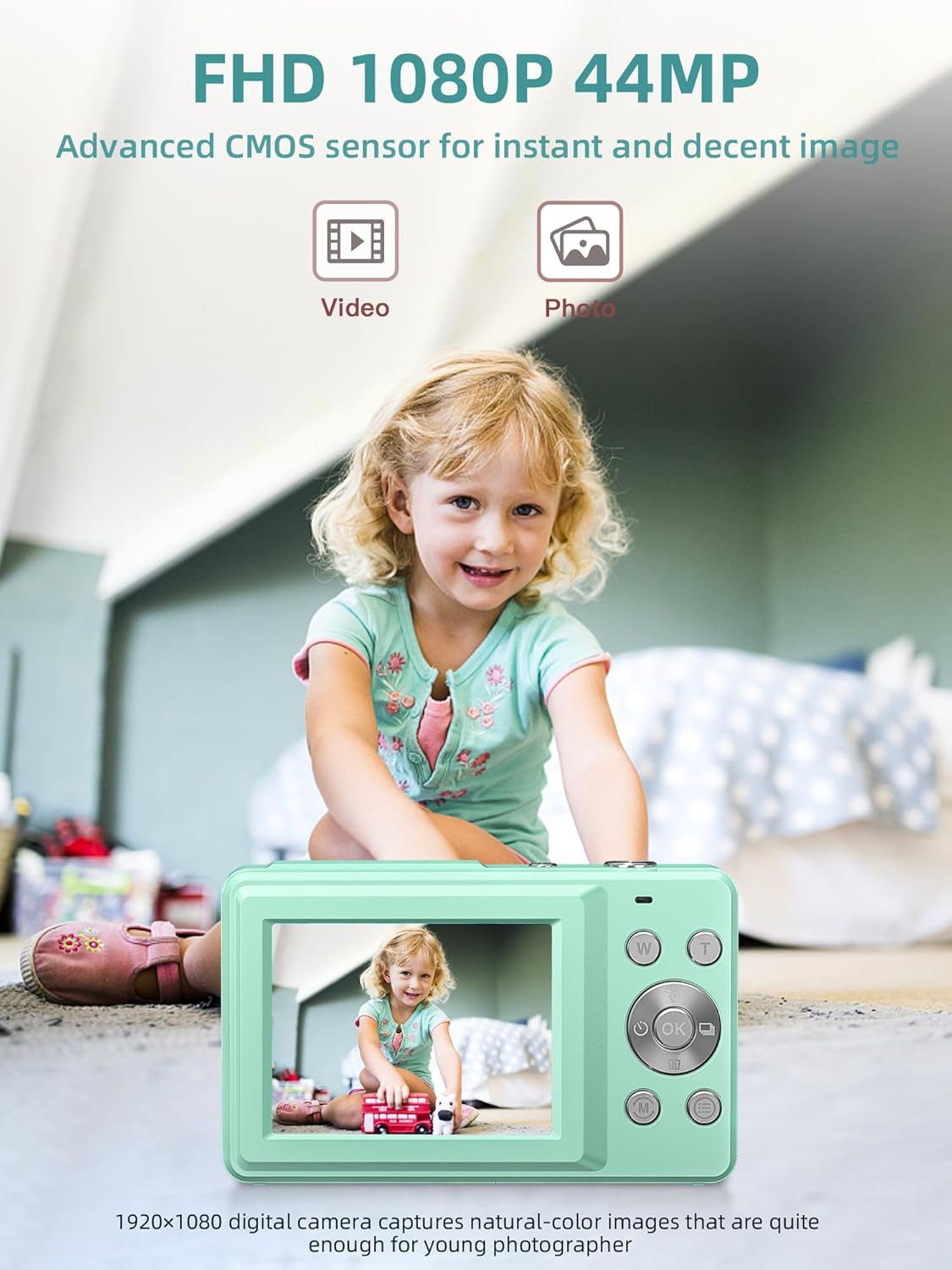 Portable FHD 1080P Kids Digital Camera for Photos and Video Recordings 16X Zoom Small Cameras with 44MP 2.4-inch Dsiplay Christmas Gift Kids Boys Girl