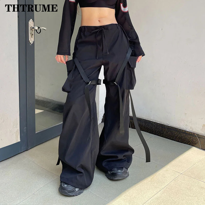Women Fashion Oversized Pants High Street Vintage Y2K Pocket Elastic Waist Wide Leg Pant Casual Straight Cargo Baggy Trousers 240821