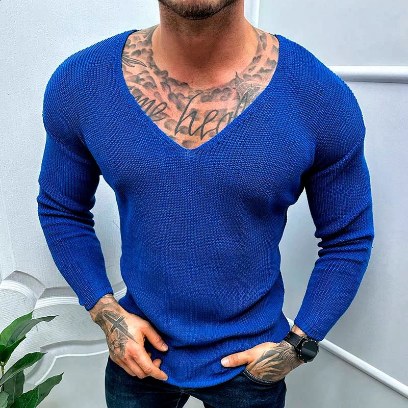 Mens casual Vneck solid sweater springsummer fashion knitted mens floral top Harajuku long sleeved skydiving streetwear 240821