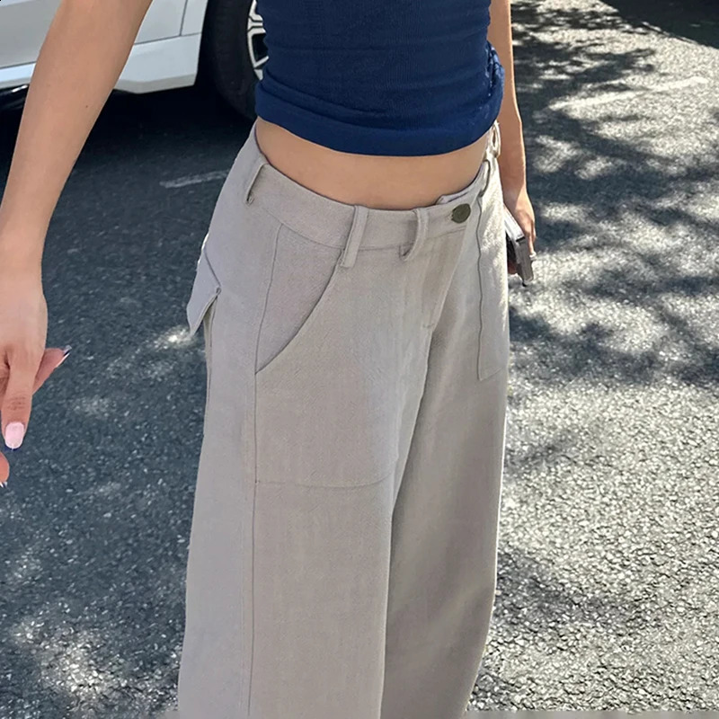 IAMTY Vintage Multi Pockets Cargo Pants Grey Wide Leg Straight Sweatpants Y2K Streetwear Loose Trousers Chic Bottoms Women 240821