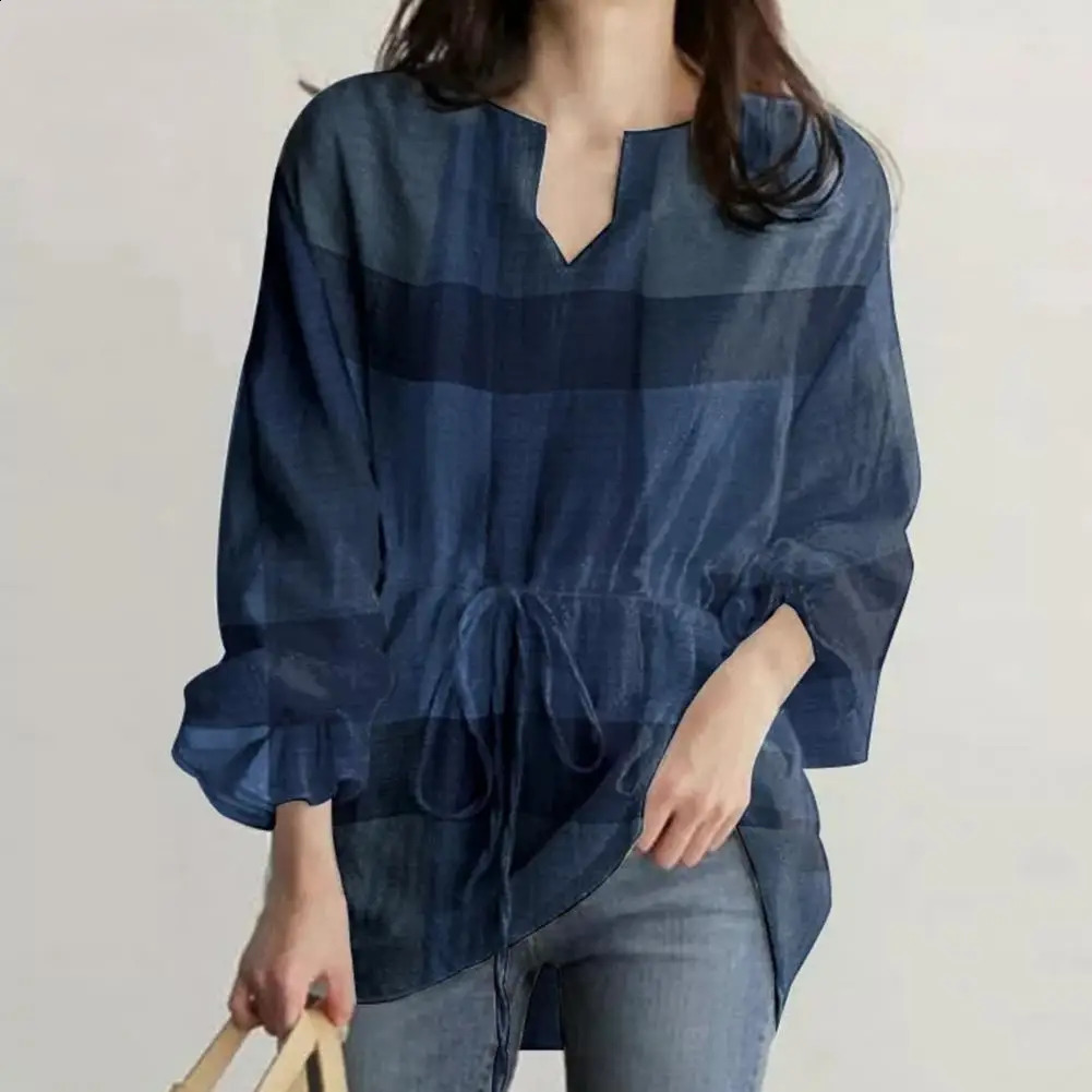 5XL plain weave elegant shirt Vneck ruffled cuffs waist tie simple casual flash long sleeved womens tuning top clothing 240822