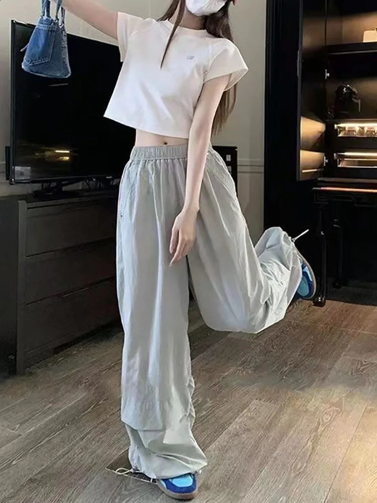 Y2K Oversized Parachute Pants Women Vintage Casual Loose Wide Leg Pleated Cargo Pant Summer Streetwear Overalls Joggers Trousers 240821