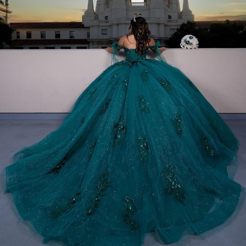 Blackish Green Shiny Off Shoulder Ball Gown Quinceanera Dresses 2025 Birthday Party Applique Lace Beads Tull Sweet 16 Dress vestido 15 de